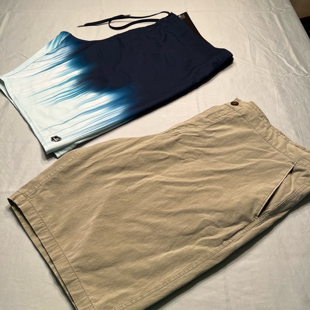 Blue Ombre Swim Shorts and Tan Casual Shorts